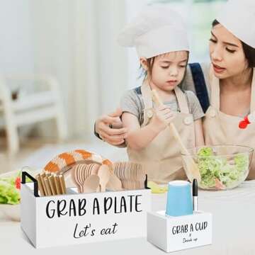 MEMOORIAL Paper Plate Dispenser for Countertop, Wood Silverware Caddy, Rustic Paper Plate Holders, Napkin Holder and Utensil Caddy, Paper Plate Organizer for Kitchen, Christmas, Halloween Party