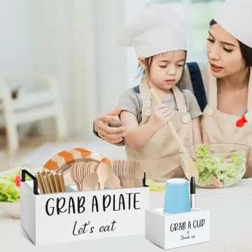 MEMOORIAL Paper Plate Dispenser for Countertop, Wood Silverware Caddy, Rustic Paper Plate Holders, Napkin Holder and Utensil Caddy, Paper Plate Organizer for Kitchen, Christmas, Halloween Party