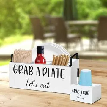 MEMOORIAL Paper Plate Dispenser for Countertop, Wood Silverware Caddy, Rustic Paper Plate Holders, Napkin Holder and Utensil Caddy, Paper Plate Organizer for Kitchen, Christmas, Halloween Party