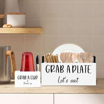 MEMOORIAL Paper Plate Dispenser for Countertop, Wood Silverware Caddy, Rustic Paper Plate Holders, Napkin Holder and Utensil Caddy, Paper Plate Organizer for Kitchen, Christmas, Halloween Party