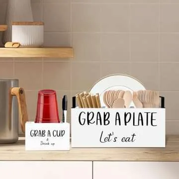 MEMOORIAL Paper Plate Dispenser for Countertop, Wood Silverware Caddy, Rustic Paper Plate Holders, Napkin Holder and Utensil Caddy, Paper Plate Organizer for Kitchen, Christmas, Halloween Party