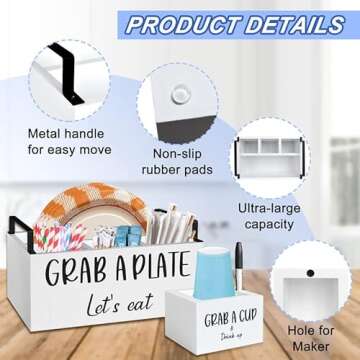 MEMOORIAL Paper Plate Dispenser for Countertop, Wood Silverware Caddy, Rustic Paper Plate Holders, Napkin Holder and Utensil Caddy, Paper Plate Organizer for Kitchen, Christmas, Halloween Party