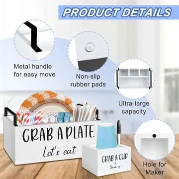 MEMOORIAL Paper Plate Dispenser for Countertop, Wood Silverware Caddy, Rustic Paper Plate Holders, Napkin Holder and Utensil Caddy, Paper Plate Organizer for Kitchen, Christmas, Halloween Party