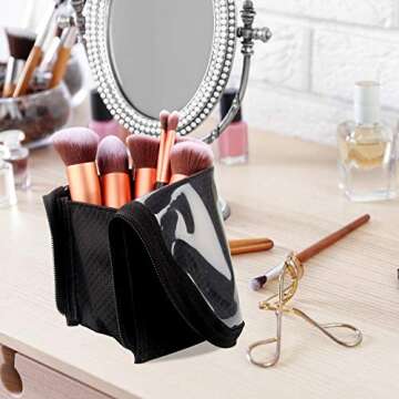 Makeup Brush Case Travel Makeup Brush Holder Portable Makeup Brush Bag Professional Cosmetic Bag Artist Storage Bag Essentials Stand-up Foldable Makeup Cup (1-Black, a-Large)