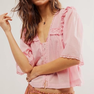 Women's Sexy Low Cut Chiffon Shirt Fairycore Y2k 3/4 Sleeve V Neck Sheer Button Down Blouse Cute Ruffle Lace Trim Top (Pink, XL)