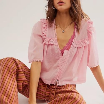 Women's Sexy Low Cut Chiffon Shirt Fairycore Y2k 3/4 Sleeve V Neck Sheer Button Down Blouse Cute Ruffle Lace Trim Top (Pink, XL)