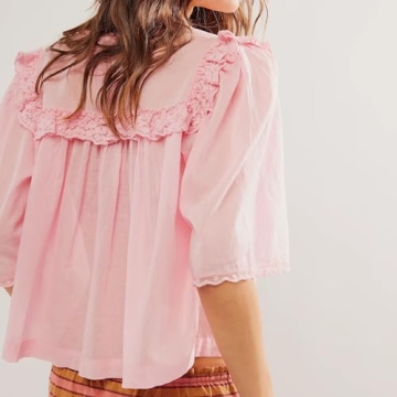 Women's Sexy Low Cut Chiffon Shirt Fairycore Y2k 3/4 Sleeve V Neck Sheer Button Down Blouse Cute Ruffle Lace Trim Top (Pink, XL)