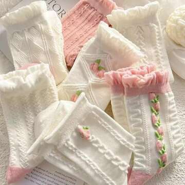 5 Pairs White Cute Socks, Women's Lace Ruffles Ankle Casual Sock, Cottagecore Breathable Mid Tube So...