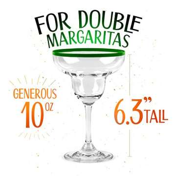 10 oz Margarita Cocktail Glasses + Colorful Party Rims | Set of 4 | Classic Frozen Drinks Stemware + Fun Cactus Gift Box | Thick Stem, Heavy Duty, Clear Hand Blown Glassware Drinking Set