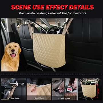 Car Organizers and Storage Purse Holder, Large Capacity Car Net Pocket Handbag Holder, Automotive Consoles & Backseat Organizer, Leather Back Seat Bag Between Car Front Seats, Beige