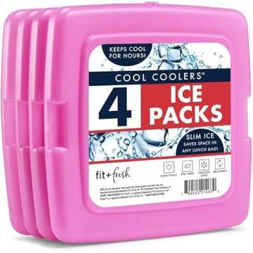 Cool Coolers by Fit & Fresh 4 Pack Slim Ice Packs, Quick Freeze Space Saving Reusable Ice Packs for Lunch Boxes or Coolers, Purple