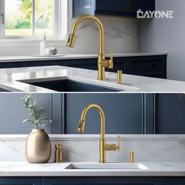 DAYONE Brushed Gold/Brass Pull Down Kitchen Faucet with 3-Mode Sprayer and Soap Dispenser, Single Ha...