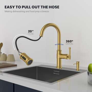 DAYONE Brushed Gold/Brass Pull Down Kitchen Faucet with 3-Mode Sprayer and Soap Dispenser, Single Handle High Arc Faucets for Kitchen Sink with Deck Plate, DAY-APS136-BTG