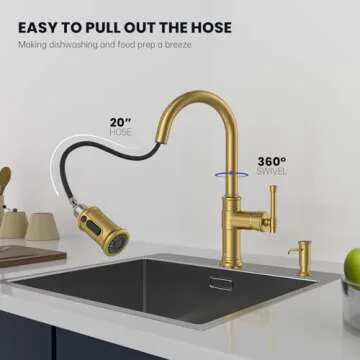 DAYONE Brushed Gold/Brass Pull Down Kitchen Faucet with 3-Mode Sprayer and Soap Dispenser, Single Handle High Arc Faucets for Kitchen Sink with Deck Plate, DAY-APS136-BTG