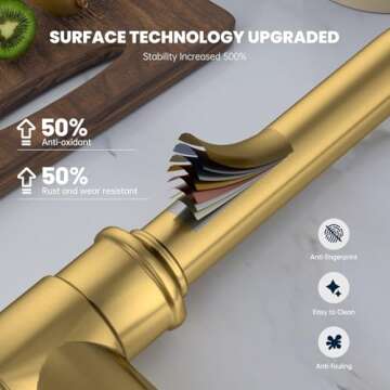 DAYONE Brushed Gold/Brass Pull Down Kitchen Faucet with 3-Mode Sprayer and Soap Dispenser, Single Handle High Arc Faucets for Kitchen Sink with Deck Plate, DAY-APS136-BTG