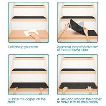 Delxo Non Slip Carpet Stair Treads, Set of 14,Rug Non Skid Runner for Grip and Beauty. Safety Slip Resistant for Kids, Elders, and Dogs,Pre Applied Adhesive .6''x30'' (Black)