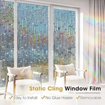 Windimiley Window Privacy Film 3D Rainbow Static Clings Bathroom Stained Glass Decorative Window Sticker Prism Holographic Window Decals Sun Blocking Non-Adhesive Door Covering, 11.8x78.7In,Brown