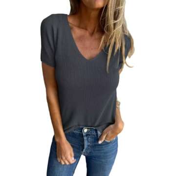 Allimy Womens Short Sleeve Knit Sweater Tops Summer Tops 2024 Clothes Trendy T Shirts Black 2XL