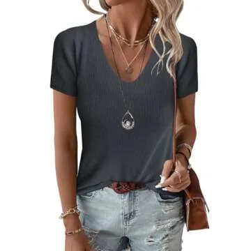 Allimy Women's Trendy Short Sleeve Knit Sweater Tops 2024