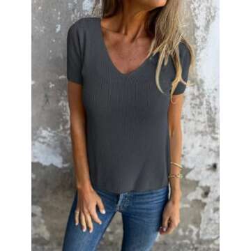 Allimy Womens Short Sleeve Knit Sweater Tops Summer Tops 2024 Clothes Trendy T Shirts Black 2XL