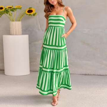 Women Boho Colorful Spaghetti Strap Dress Summer Vacation Beach Long Sun Dress RIC Rac Stripe Flowy Cami Maxi Dress