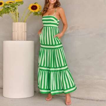 Women Boho Colorful Spaghetti Strap Dress Summer Vacation Beach Long Sun Dress RIC Rac Stripe Flowy Cami Maxi Dress