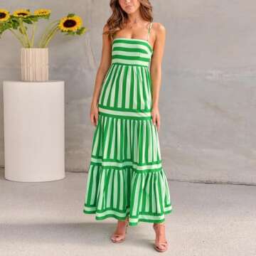 Women Boho Colorful Spaghetti Strap Dress Summer Vacation Beach Long Sun Dress RIC Rac Stripe Flowy Cami Maxi Dress