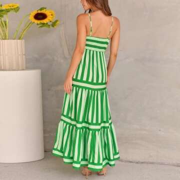 Women Boho Colorful Spaghetti Strap Dress Summer Vacation Beach Long Sun Dress RIC Rac Stripe Flowy Cami Maxi Dress