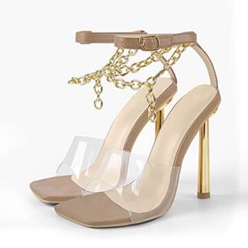 sexytag Women's Ankle Strap Chain Square Toe Round Stilettos Heeled Clear Strappy Open Toe Slim Heel...