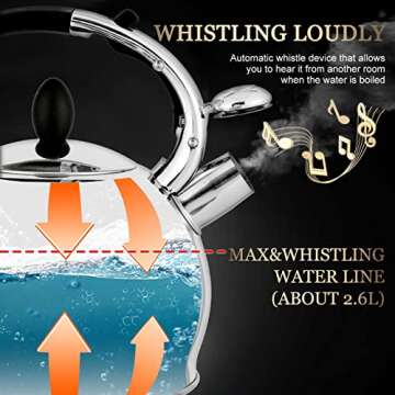 SUSTEAS Stove Top Whistling Tea Kettle - Food Grade Stainless Steel Teakettle Teapot with Cool Touch Ergonomic Handle, With 1 Silicone Pinch Mitt Included,2.64 Quart(SILVER)
