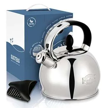 SUSTEAS Stove Top Whistling Tea Kettle - Food Grade Stainless Steel Teakettle Teapot with Cool Touch Ergonomic Handle, With 1 Silicone Pinch Mitt Included,2.64 Quart(SILVER)