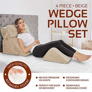 AllSett Health 4 PC Bed Wedge Pillows Set - Orthopedic Wedge Pillow for Sleeping with Memory Foam | ...
