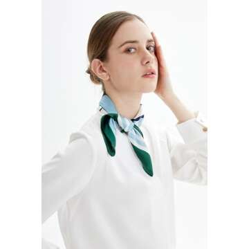MEISEE Pure Natural Mulberry Silk Scarfs Women Small Square Scarf 21" x 21" Breathable Lightweight Neckerchief Printed Headscarf (Blue and white + green edge)