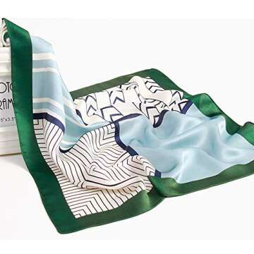 MEISEE Pure Natural Mulberry Silk Scarfs Women Small Square Scarf 21" x 21" Breathable Lightweight Neckerchief Printed Headscarf (Blue and white + green edge)