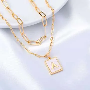 Layering Gold Initial Necklace for Women, 14K Gold Plated Paperclip Necklace for Women Gold Simple Square Letter Pendant Necklace Initial Y Necklace Dainty Gold Layered Necklaces for Women Jewelry