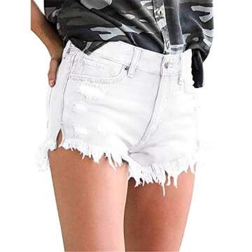 MODARANI Mid Rise Denim Shorts for Women White Distressed Jean Shorts Juniors Worn Denim Shorts XL