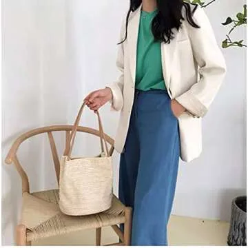 Aphoraeny Straw Beach Bag Buckets Totes Handbag Shoulder Tote Bag Straw Purse Summer Purse Women Summer Handbag(Light Beige)