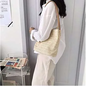 Aphoraeny Straw Beach Bag Buckets Totes Handbag Shoulder Tote Bag Straw Purse Summer Purse Women Summer Handbag(Light Beige)