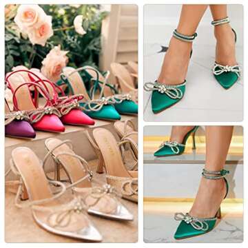 TINSTREE Summer Heels,Stilettos Kitten Heels Satin Wedding Shoes Women's Ankle Strap Rhinestone Heels for Party with Lace Up Bow High Heels Bowknot Rivet Adjustable Strappy Heel Deep Green,10