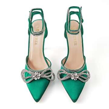 TINSTREE Summer Heels,Stilettos Kitten Heels Satin Wedding Shoes Women's Ankle Strap Rhinestone Heels for Party with Lace Up Bow High Heels Bowknot Rivet Adjustable Strappy Heel Deep Green,10