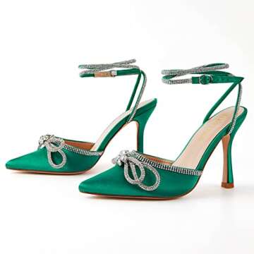 TINSTREE Summer Heels,Stilettos Kitten Heels Satin Wedding Shoes Women's Ankle Strap Rhinestone Heels for Party with Lace Up Bow High Heels Bowknot Rivet Adjustable Strappy Heel Deep Green,10
