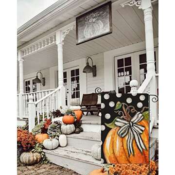 Thanksgiving Fall Garden Flag 12x18 Inch Double Sided, Pumpkin with Bowknot White Dots Small Yard Fl...