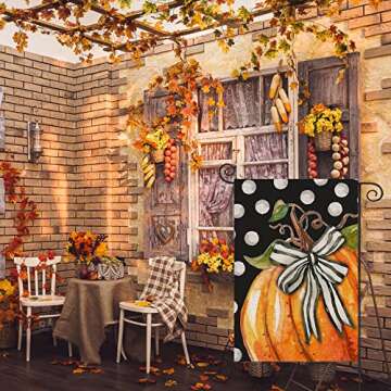 Thanksgiving Fall Garden Flag 12x18 Inch Double Sided, Pumpkin with Bowknot White Dots Small Yard Flags for Outdoor,Seasonal Decor for Autumn Farmhouse Outside Holiday