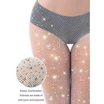 VEBZIN Extra Sparkly Holographic Rhinestone Fishnet Stockings for Women Rhinestone Fishnet Tights for Women - White