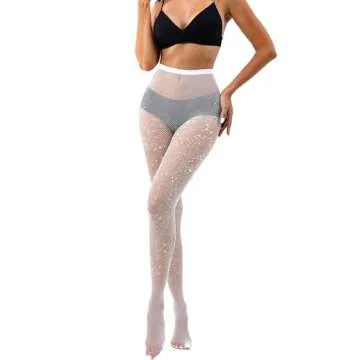 VEBZIN Extra Sparkly Holographic Rhinestone Fishnet Stockings for Women Rhinestone Fishnet Tights for Women - White