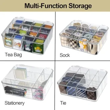 ZEXALOR Socks Underwear Drawer Organzier Dividers, 16 Compartment Removable Divided Plastic Storage Bin with Lid, Storage Organizer for Scarves Ties Bras, Clear Dresser Drawer Organizers