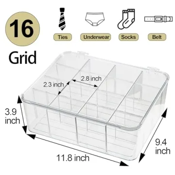 ZEXALOR Socks Underwear Drawer Organzier Dividers, 16 Compartment Removable Divided Plastic Storage Bin with Lid, Storage Organizer for Scarves Ties Bras, Clear Dresser Drawer Organizers