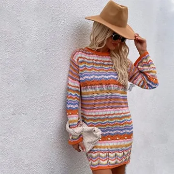 Rainbow Striped Casual Sweater Dress for Women