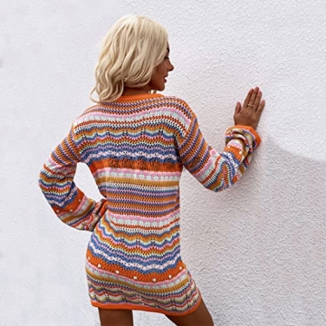 Rainbow Striped Casual Sweater Dress for Women