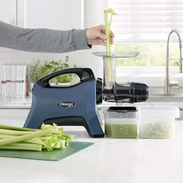 Omega Celery Juicer and Nutrition System Masticating Juicer, Cold Press Juicer Machine For Celery with Adjustable Dial, 200-Watt, Blue